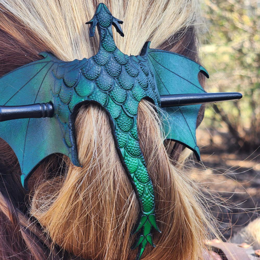 FREE Today: Handmade Tooled Leather Dragon Hair Slide with Wood Stick Viking Thrones Accessory - image 3
