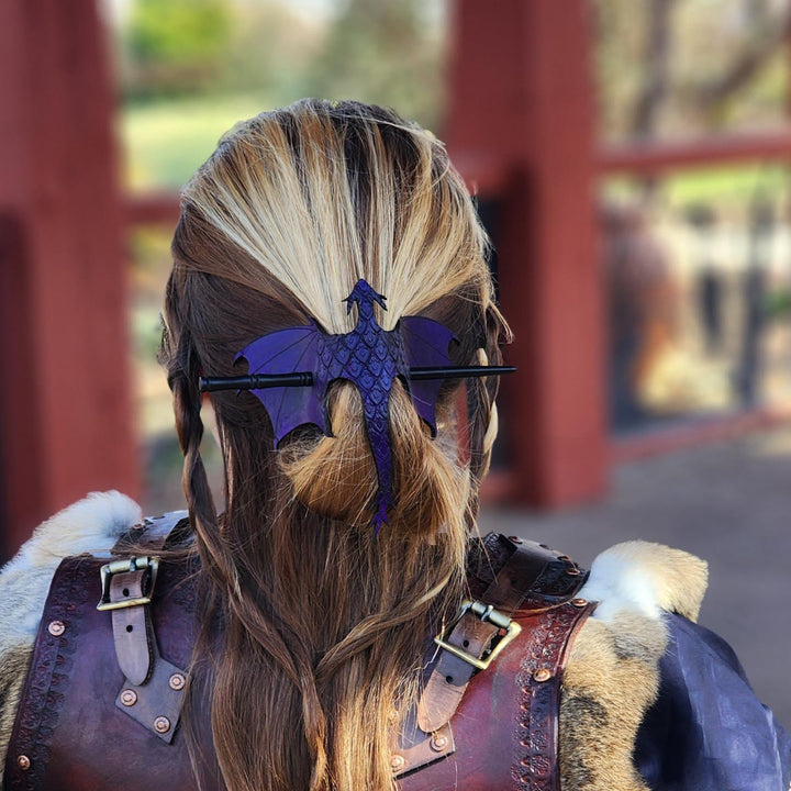 FREE Today: Handmade Tooled Leather Dragon Hair Slide with Wood Stick Viking Thrones Accessory - Purple - image 5