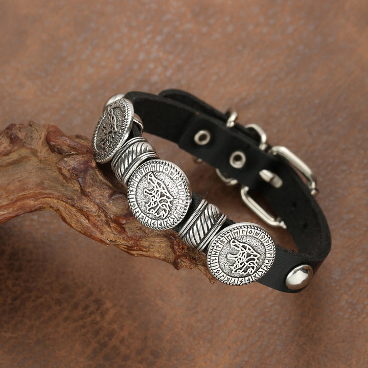 FREE Today: Viking Compass Norse Dragon Medieval Embossed Eco Leather Bracelet Arm Bracers - Triple Round Medallion - image 9