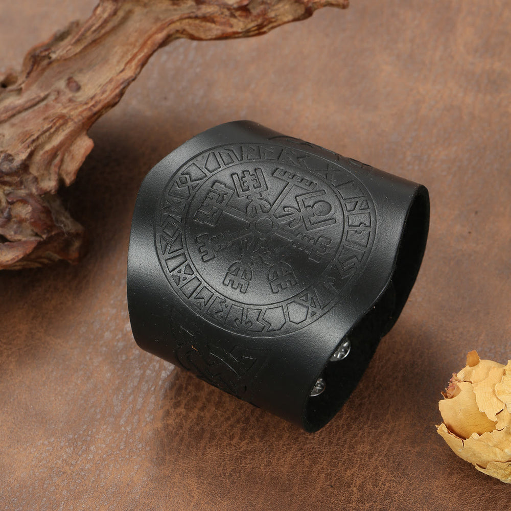 FREE Today: Viking Compass Norse Dragon Medieval Embossed Eco Leather Bracelet Arm Bracers - Embossed Black Tree - image 1