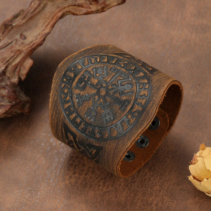 FREE Today: Viking Compass Norse Dragon Medieval Embossed Eco Leather Bracelet Arm Bracers - Embossed Brown Tree - image 0