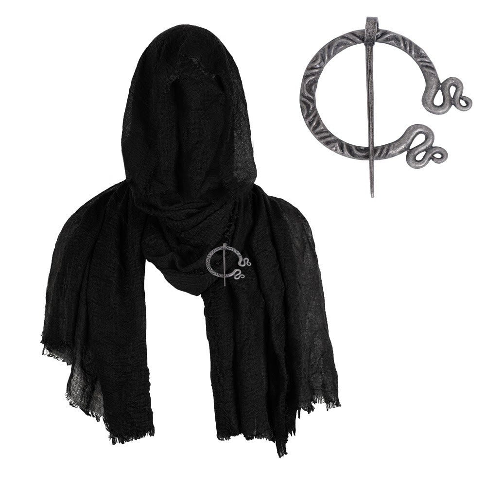 FREE Today: Post Apocalyptic Shawl Scarf Shaman Cowl Medieval Costume Viking Brooch Hooded Cowl Scarf - Black Scarf + Brooch - image 1
