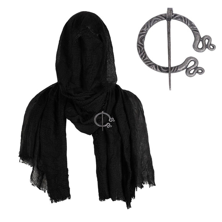 FREE Today: Post Apocalyptic Shawl Scarf Shaman Cowl Medieval Costume Viking Brooch Hooded Cowl Scarf - Black Scarf + Brooch - image 1