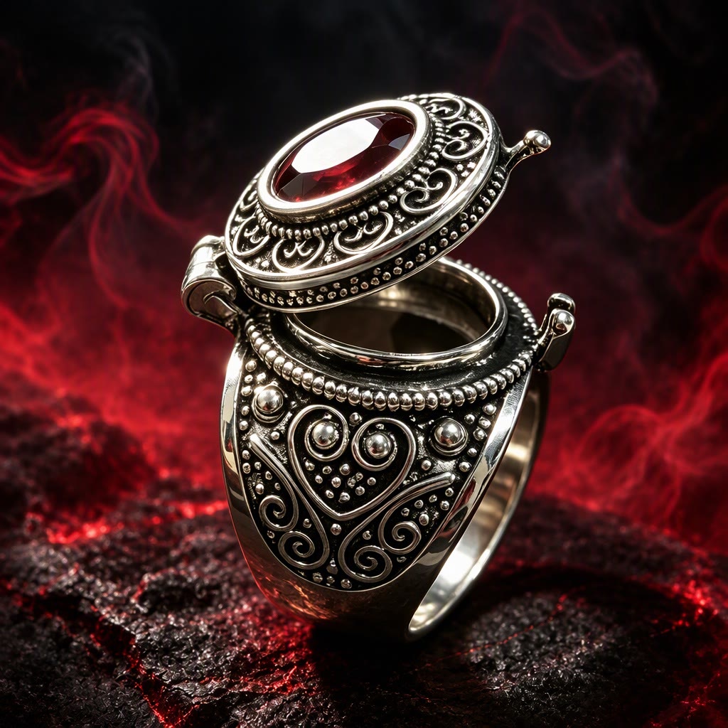 FREE Today: Vintage Silver Color Garnet Poison Locket Ring Vampire Jewelry - US 13 - image 0