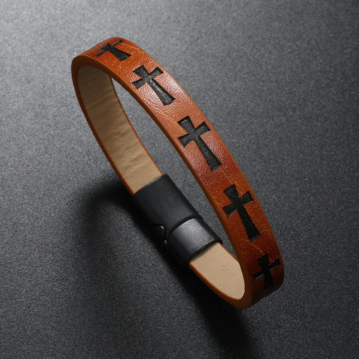 FREE Today: Retro Leather Cross Bracelet Punk Rock Adjustable Bangle  - Light Brown - image 6
