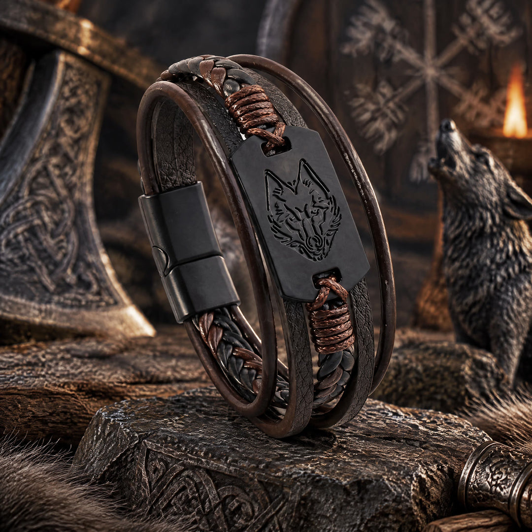 FREE Today: Vintage Goth Metal Wolf Head Braided Leather Men Bracelet Wristband - Brown - image 0