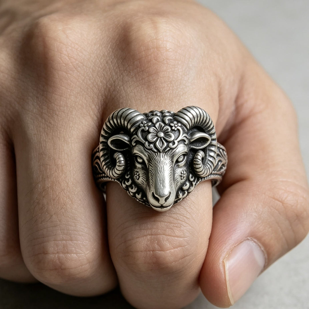 FREE Today: Vintage Floral Carved Ram Head Bangle Viking Thor's Goat Silver Ring - image 1