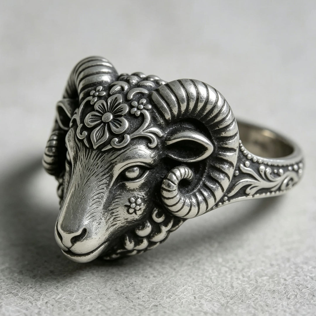 FREE Today: Vintage Floral Carved Ram Head Bangle Viking Thor's Goat Silver Ring - image 4