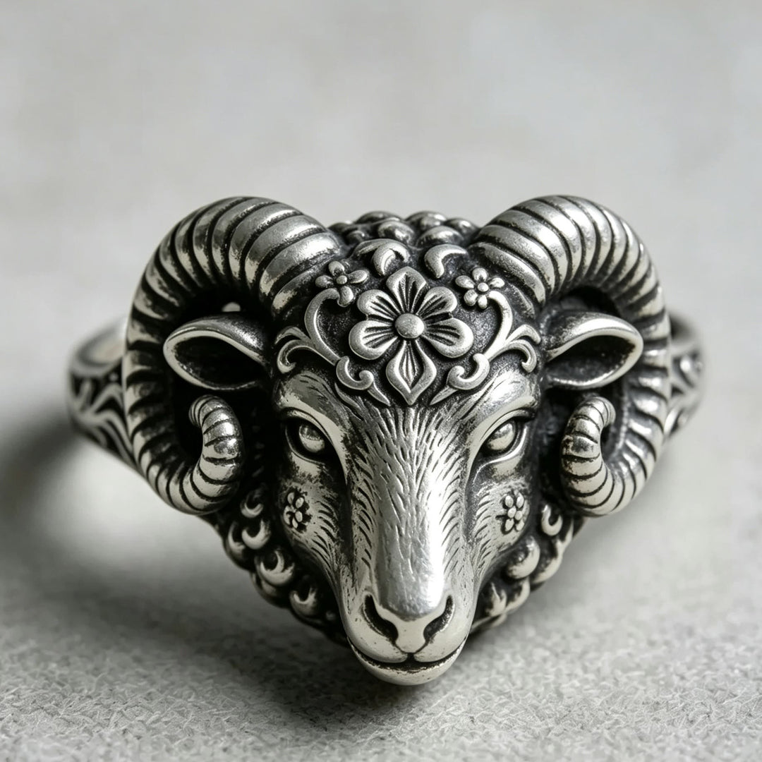 FREE Today: Vintage Floral Carved Ram Head Bangle Viking Thor's Goat Silver Ring - US 10 - image 0