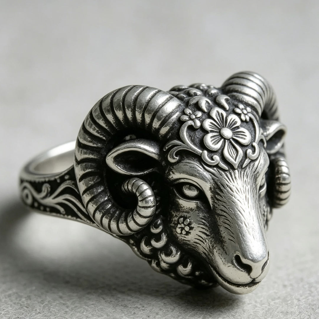 FREE Today: Vintage Floral Carved Ram Head Bangle Viking Thor's Goat Silver Ring - image 2