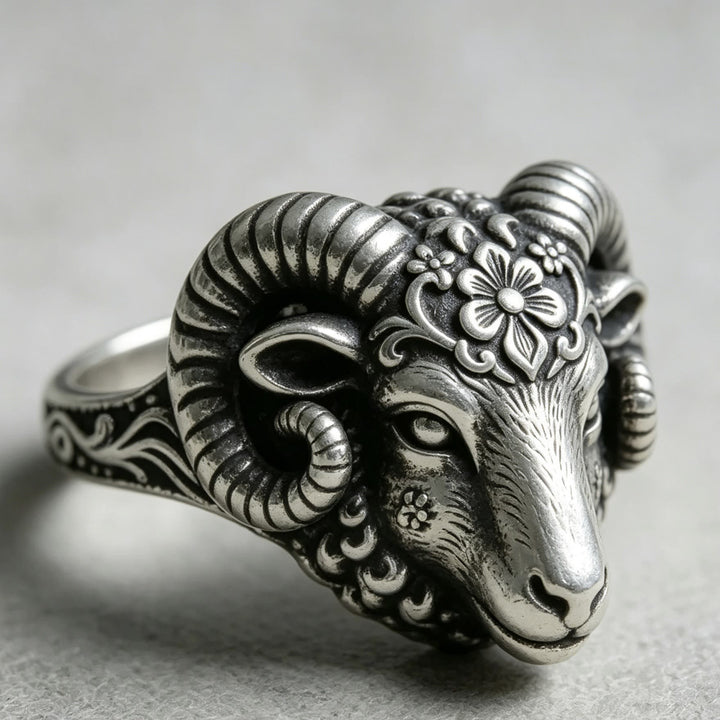 FREE Today: Vintage Floral Carved Ram Head Bangle Viking Thor's Goat Silver Ring - image 2