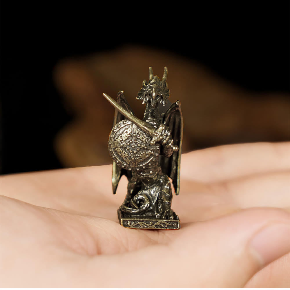FREE Today: Handcrafted Retro Solid Mini Brass Dragon Knight Statue Armored Warrior with Sword Shield Figurine Decor - image 2