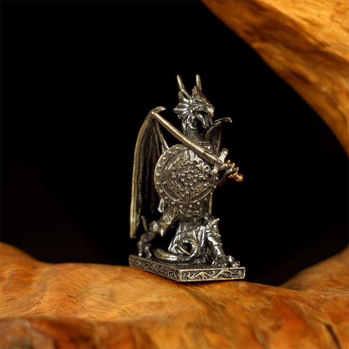 FREE Today: Handcrafted Retro Solid Mini Brass Dragon Knight Statue Armored Warrior with Sword Shield Figurine Decor - image 4
