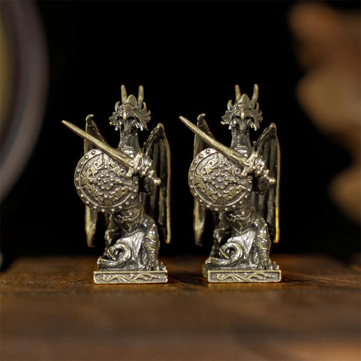 FREE Today: Handcrafted Retro Solid Mini Brass Dragon Knight Statue Armored Warrior with Sword Shield Figurine Decor - image 3