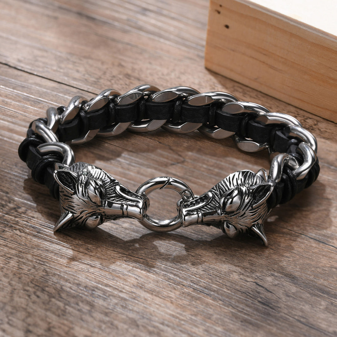 WorldNorse Wolves Head Interwoven Leather Chain Bracelet