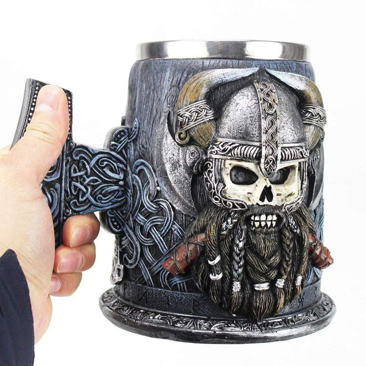 WorldNorse Mjolnir Skull With Horned Helmet Tankard Mug