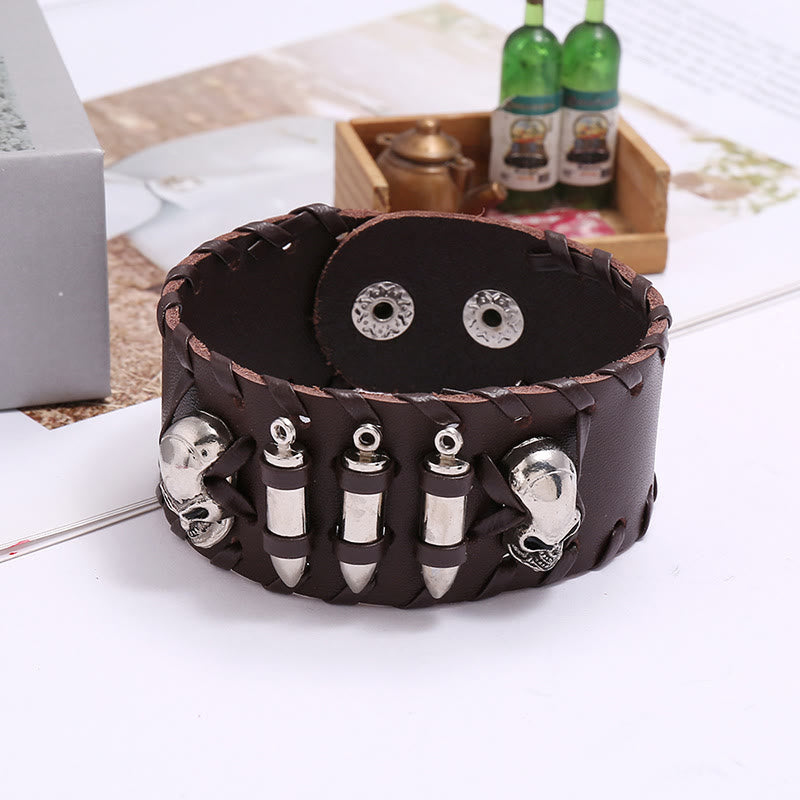 WorldNorse Skull Leather Cuff Biker Wide Bracelet