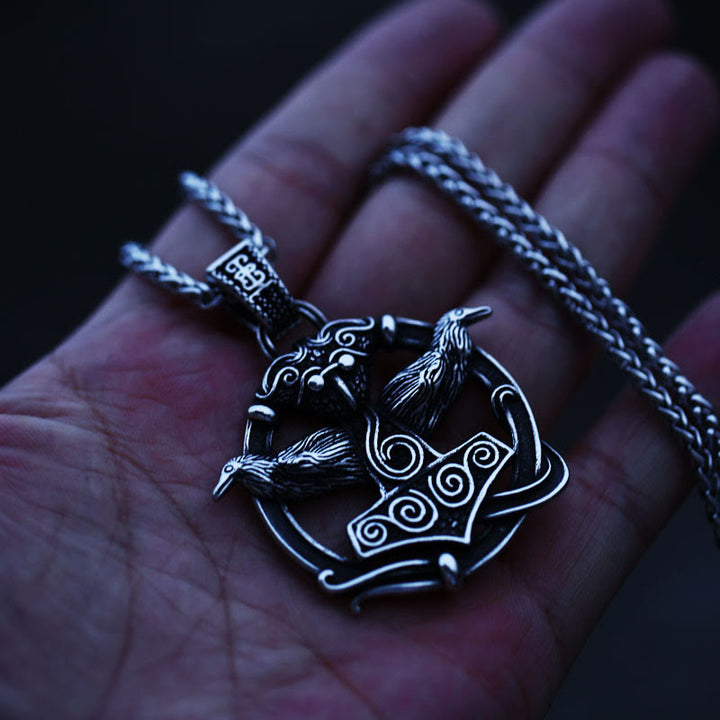 WorldNorse Thor's Hammer Side Raven Necklace