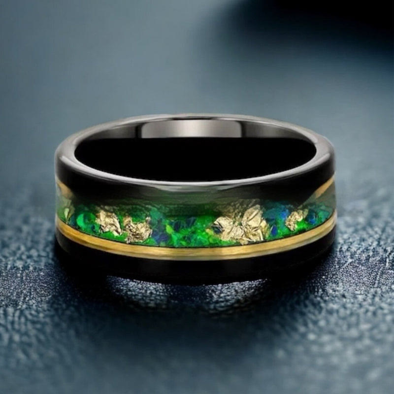 WorldNorse Tungsten Green Gravel Gold Foil Ring