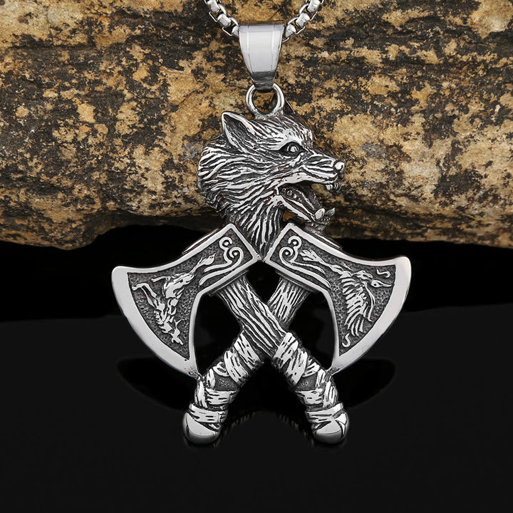 WorldNorse Double Axe With Wolf Head Necklace