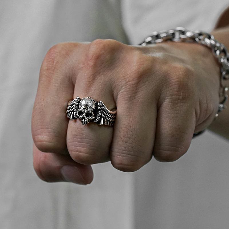 WorldNorse Skeleton Head With Wings Ring