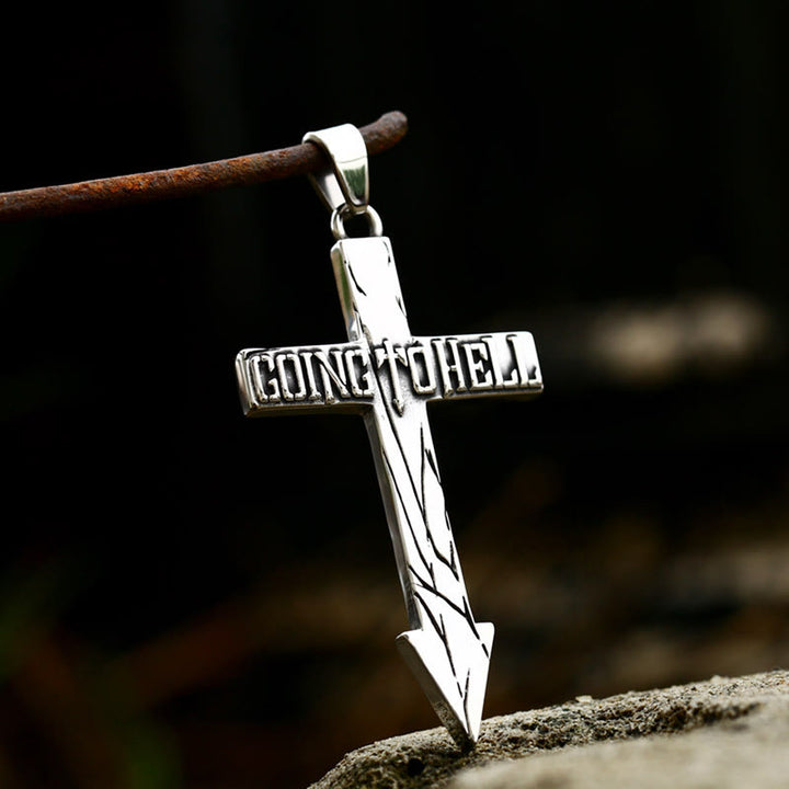 WorldNorse Cross With Arrow Going To Hell Biker Necklace