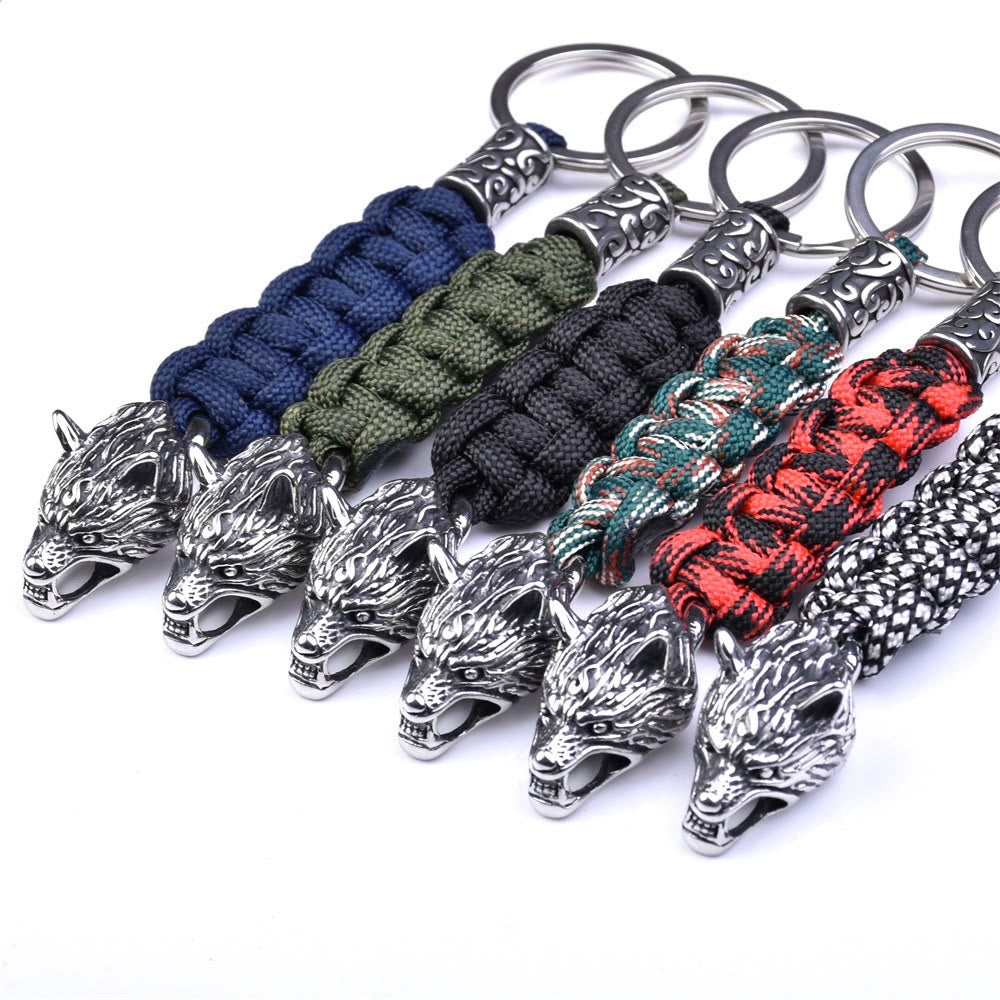 WorldNorse Stainless Steel Wolf Head Paracord Keychain