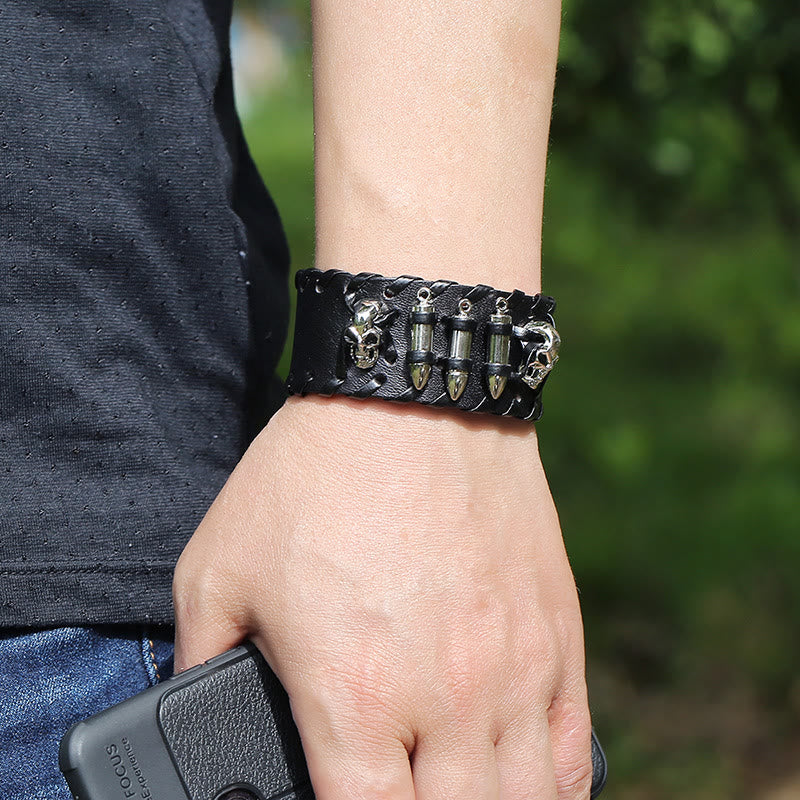 WorldNorse Skull Leather Cuff Biker Wide Bracelet