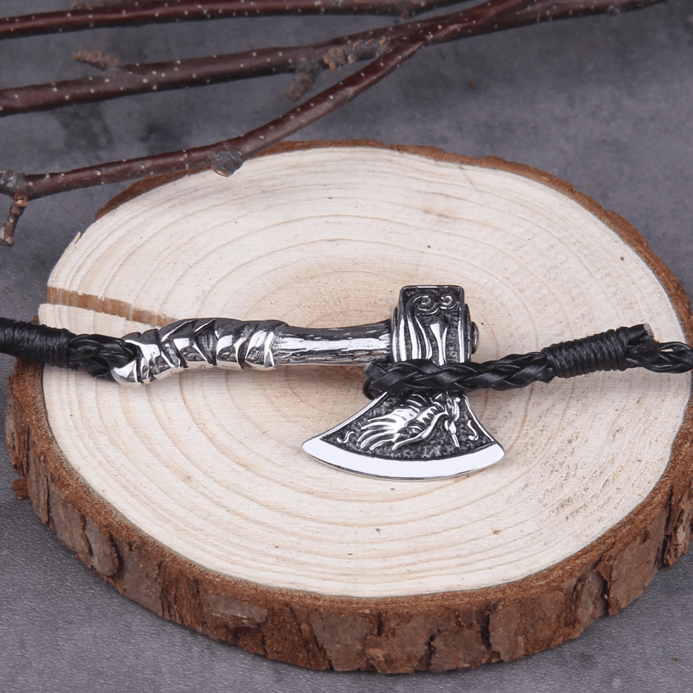 WorldNorse Viking Valknut Axe Amulet Multilayer Leather Bracelet