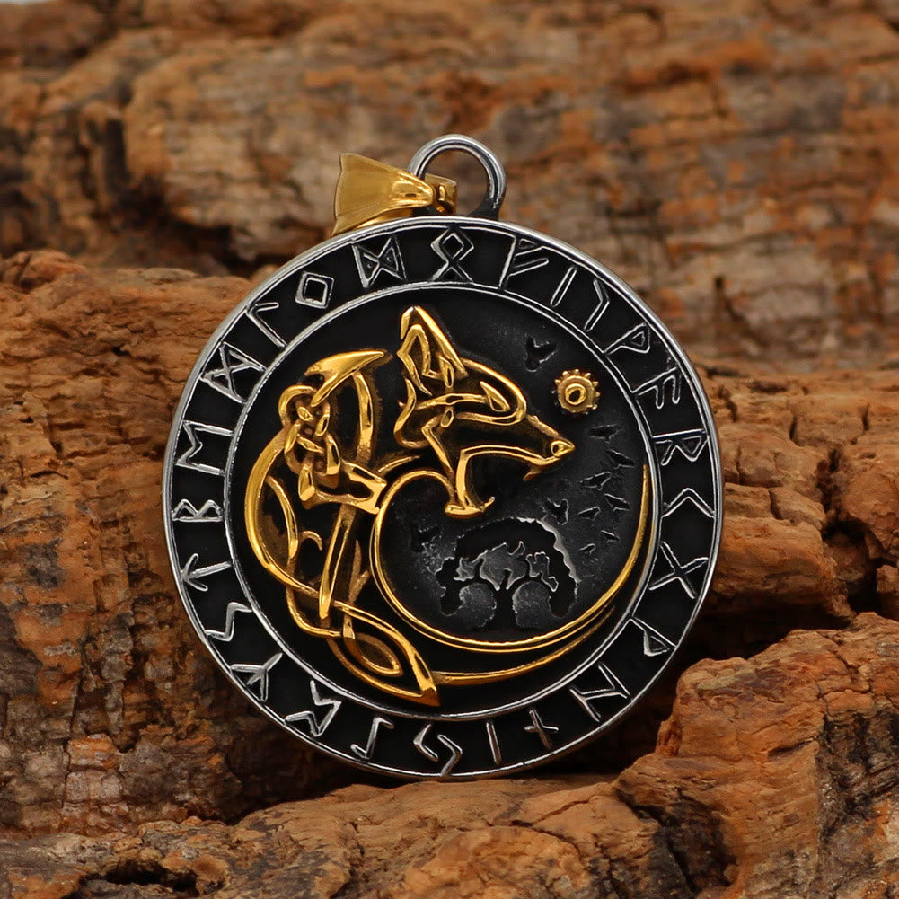 German Rune Wolf Fenrir Viking Wolf Head Rune Necklace - Gold & Silver Pendant on 60cm ...