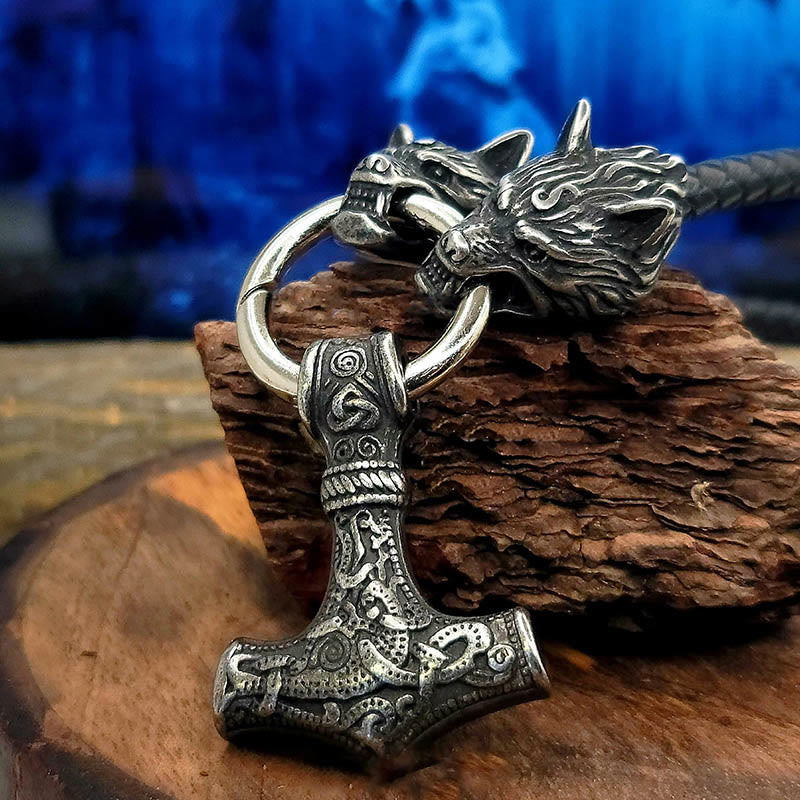 WorldNorse Viking Mjolnir Wolf Leather Rope Necklace