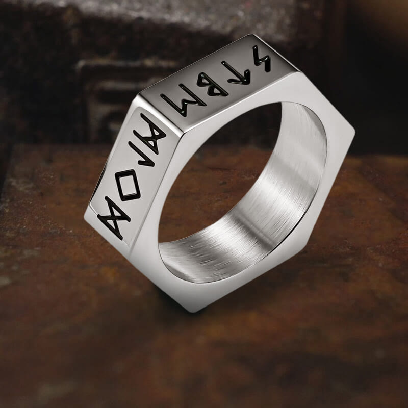 WorldNorse Viking Runes Hexagon Stainless Steel Geometric Ring