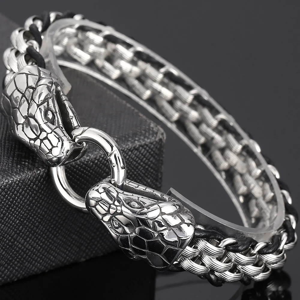 WorldNorse Snake Heads Buckle Braided Leather Bracelet