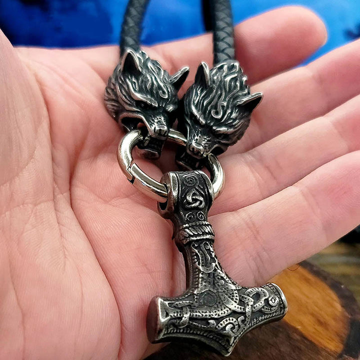 WorldNorse Viking Mjolnir Wolf Leather Rope Necklace