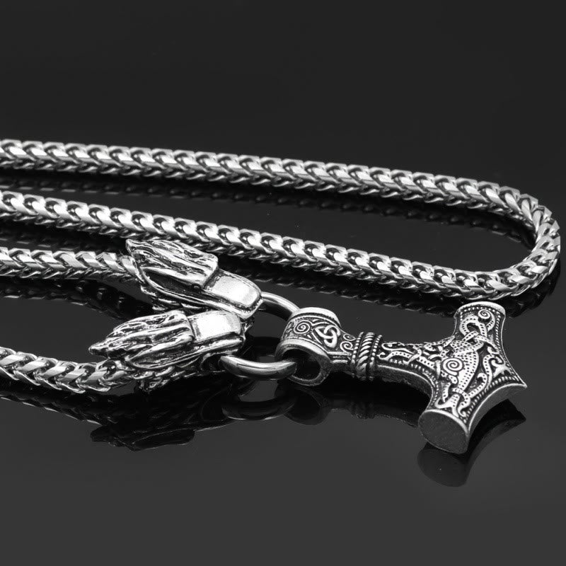 WorldNorse Mjolnir With Norse Double Dragon Keel Chain Necklace