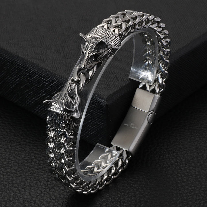 WorldNorse Double Wolf Head Steel Bracelet