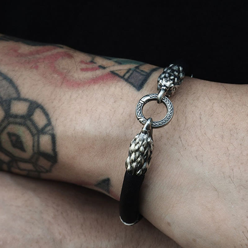 WorldNorse 925 Sterling Silver Viking Animals Leather Bracelet