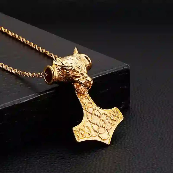 WorldNorse 3 Color Thor's Hammer Wolf Head Necklace