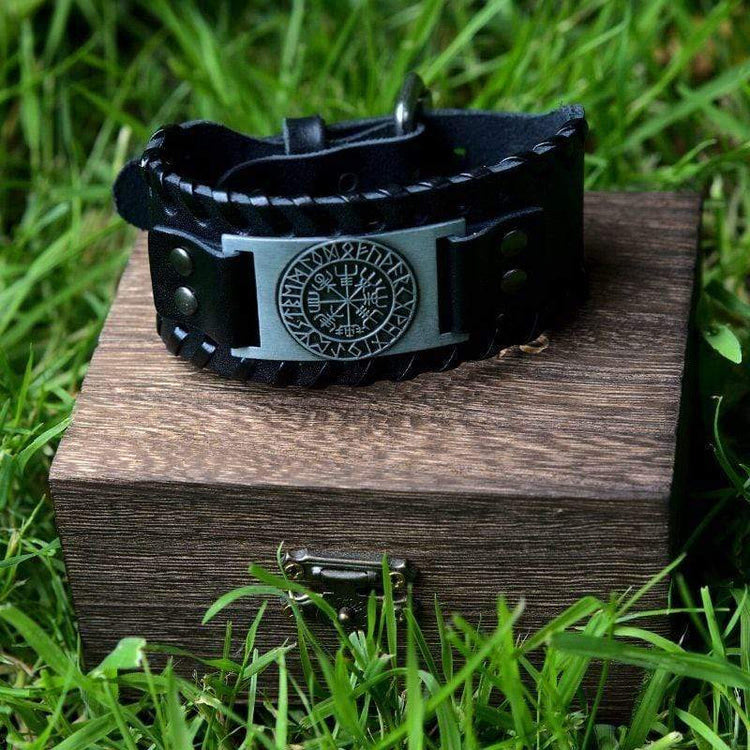 Flash Sale - WorldNorse Genuine Leather Buckle Arm Cuff Vegvisir Metal Bracelet