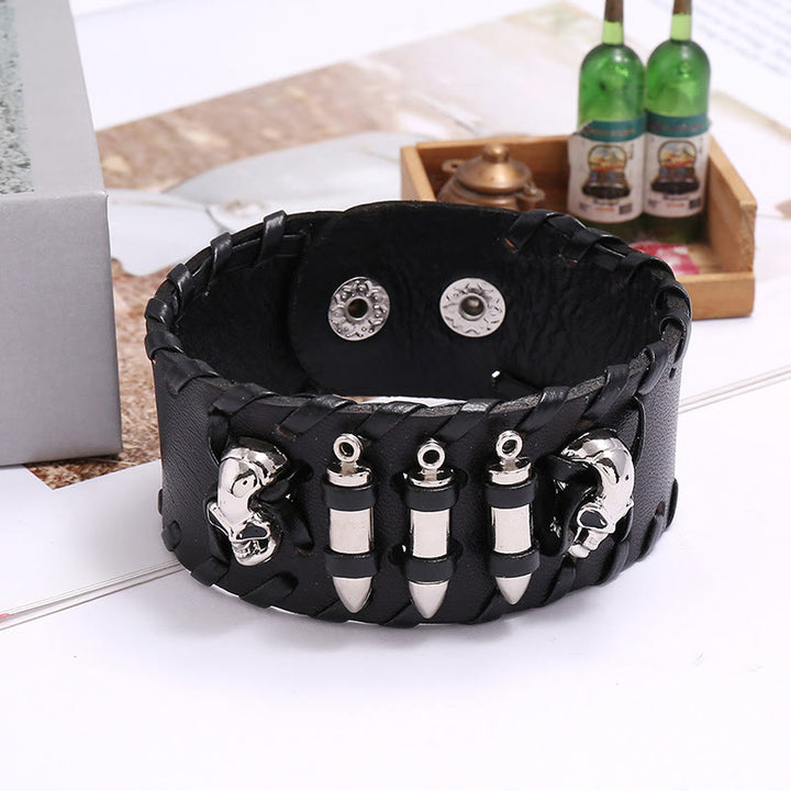 WorldNorse Skull Leather Cuff Biker Wide Bracelet