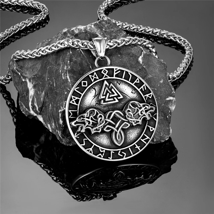 WorldNorse Double Wolf Head Roaring Triangle Rune Necklace