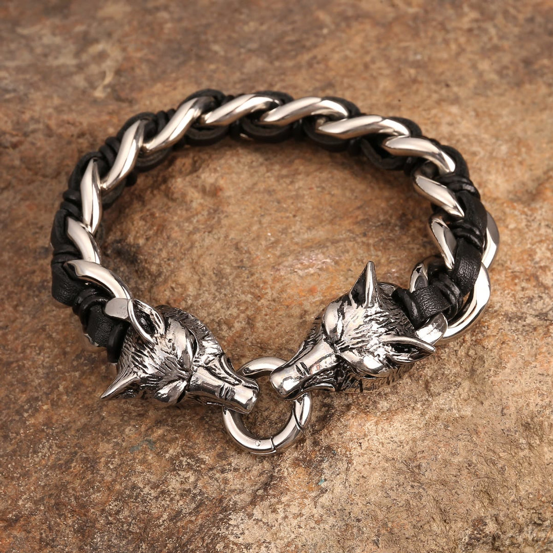 WorldNorse Wolves Head Interwoven Leather Chain Bracelet