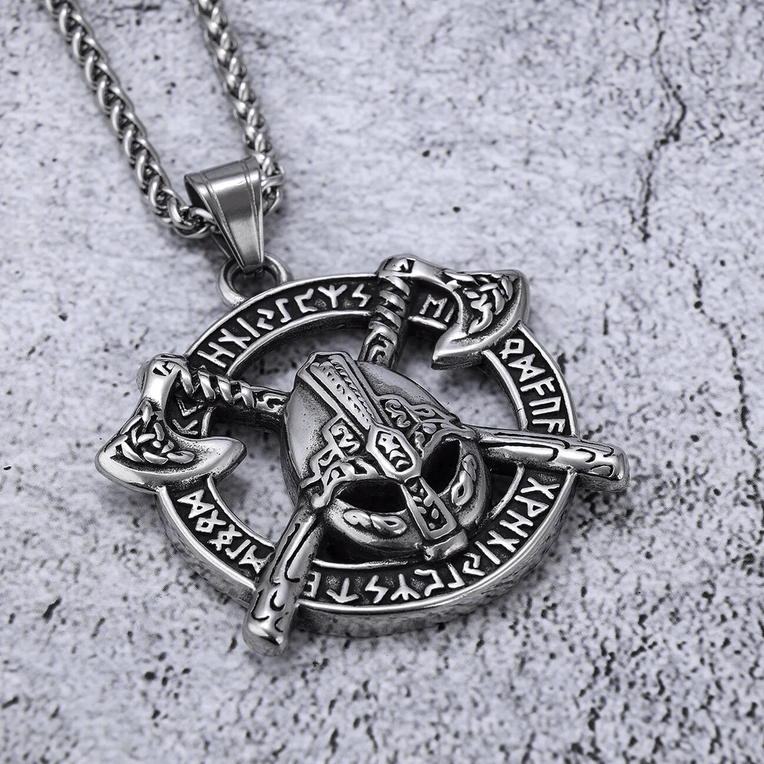 WorldNorse Double Tomahawk Warrior Helmet Necklace