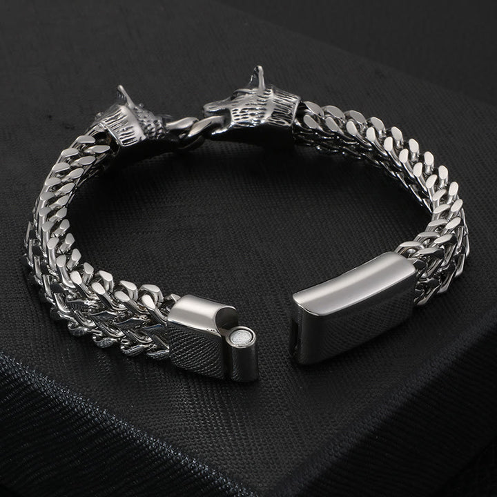 WorldNorse Double Wolf Head Steel Bracelet