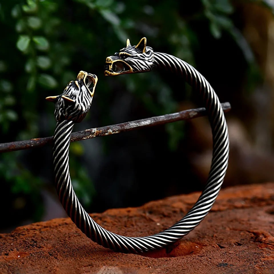 WorldNorse Double Wolf Heads Open Bracelet