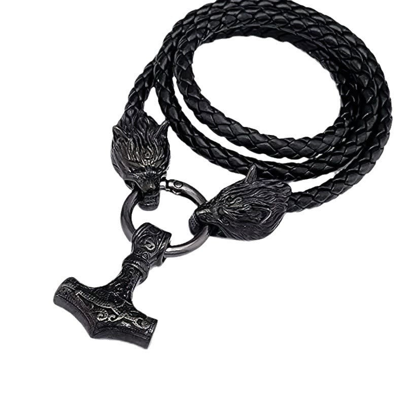 Flash Sale - Viking Mjolnir Wolf Leather Rope Necklace