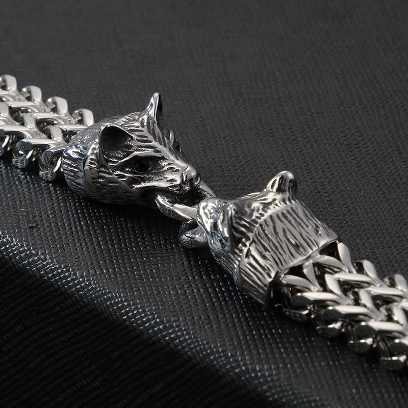 WorldNorse Double Wolf Head Steel Bracelet