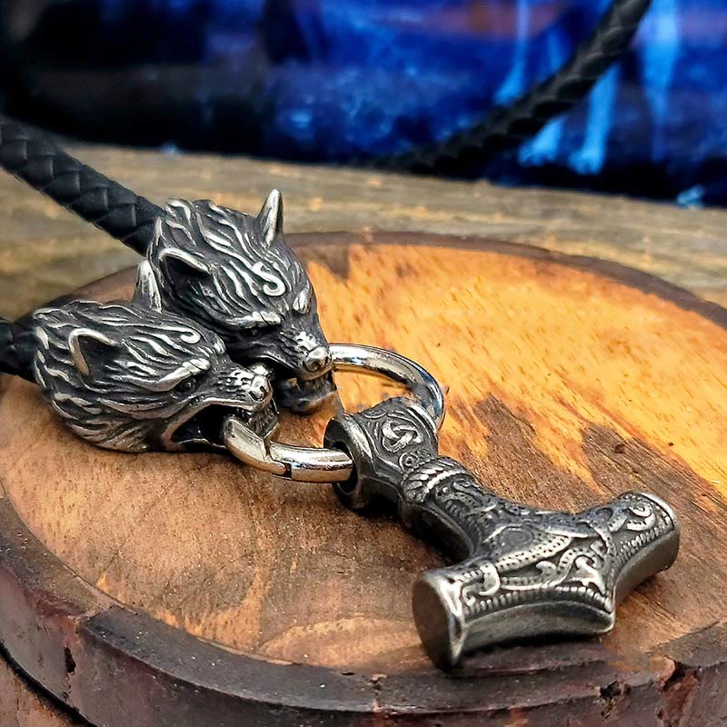 WorldNorse Viking Mjolnir Wolf Leather Rope Necklace