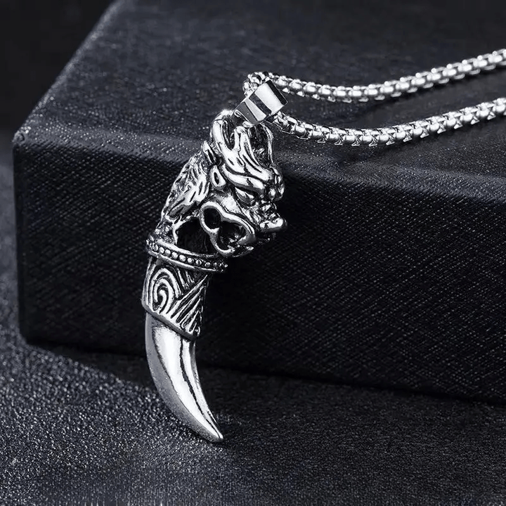 WorldNorse Wolf Tooth With Wolf Head Necklace