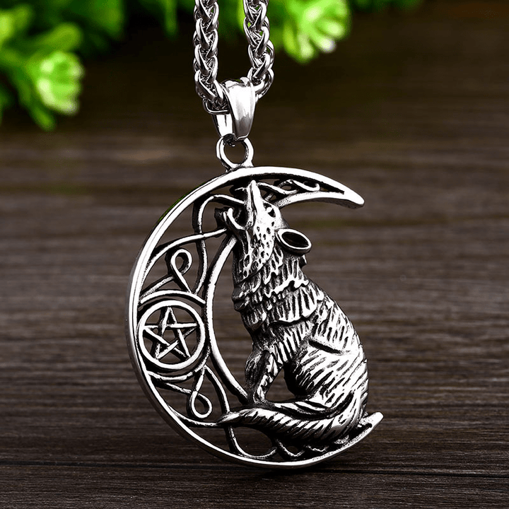 WorldNorse Wolf Head Half Moon Necklace